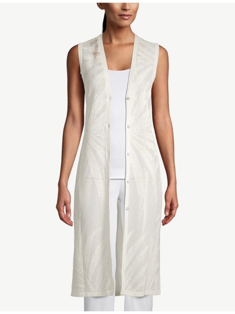Chico's Lightweight Sheer coconut palm Knit Sleeveless Duster - white